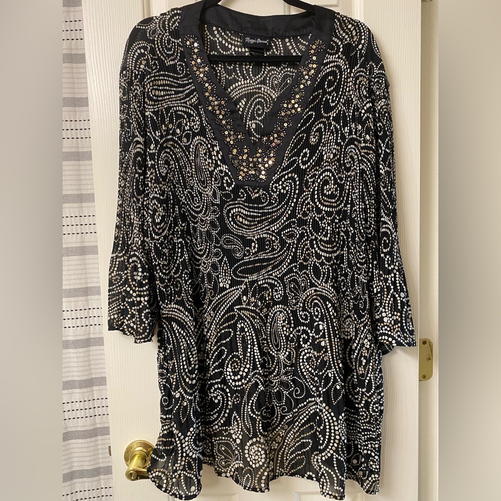 Maggie Barnes Crinkled Patterned 3/4 Sleeve Beaded V-Neck Blouse Size 3X 26/28W